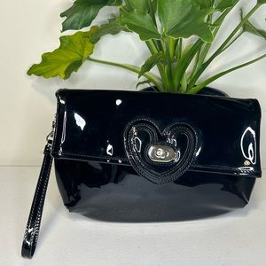 Love Moschino Black Patent Vinyl Wristlet Clutch with Heart Clasp Feature